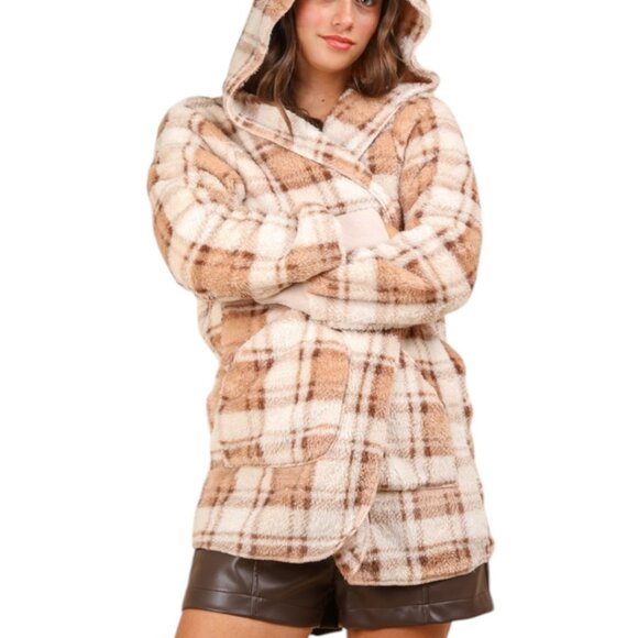 NEW Very J Fuzzy Plaid Long Sleeve Hooded Jacket Lagenlook Boho Cozy Relaxed - Picture 3 of 3